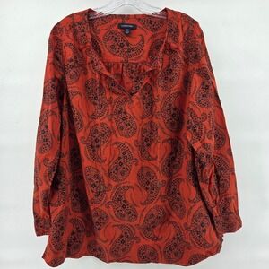 Lands End Top 0X 14W Orange Navy Paisley Boho Western‎ Casual Cotton